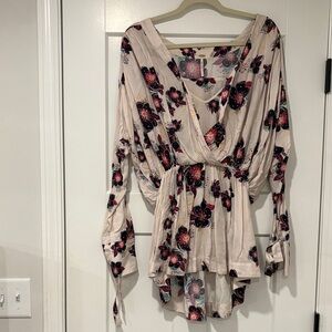 Free People Floral Wrap Blouse - Cream and Red